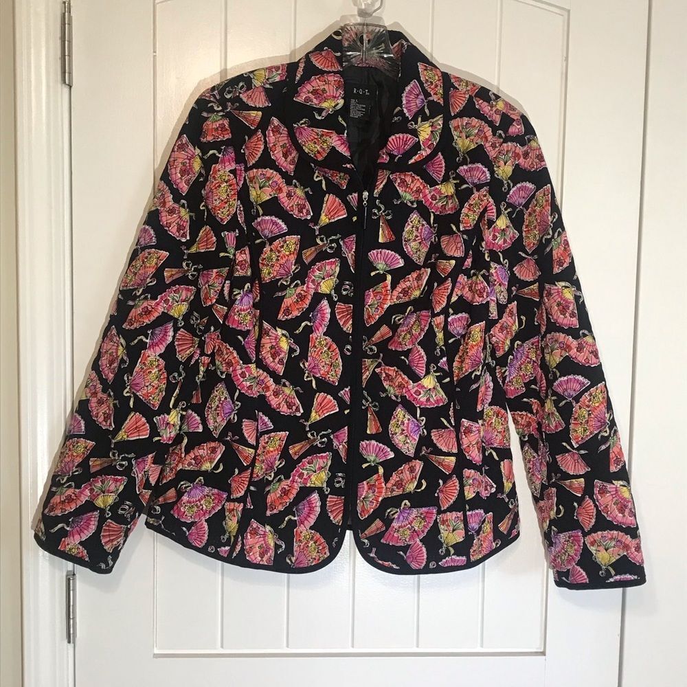 R.Q.T Quilted Collared Zip Front Japanese Fan Print Jacket LARGE
